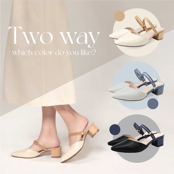 This creative showcases a versatile two-way heel in multiple color variations, using a split-layout design to highlight product options clearly.