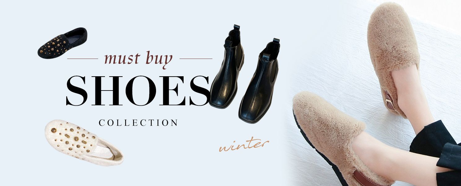 A minimalist, high-contrast flat-lay composition showcasing multiple winter footwear styles on a clean, light-colored background.