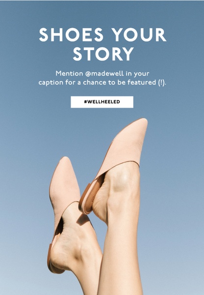 A clean, lifestyle-focused creative featuring a pair of suede mules against a bright blue sky, inviting users to share their own story.