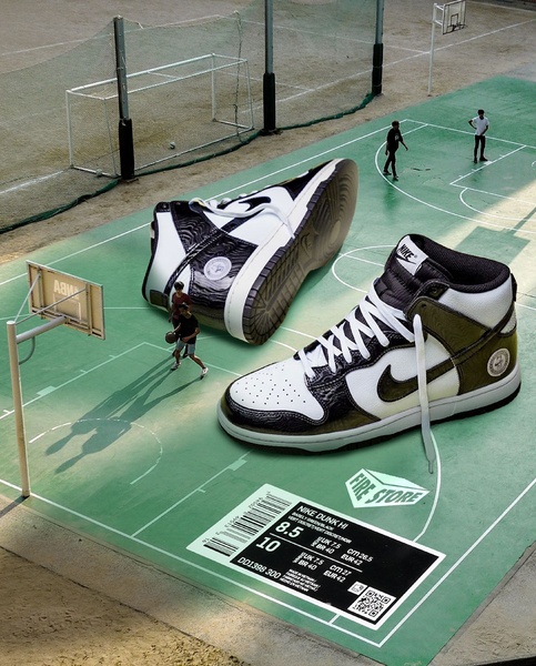 A high-impact, surreal creative featuring a massive pair of Nike Dunk High sneakers placed directly onto an outdoor basketball court surface.
