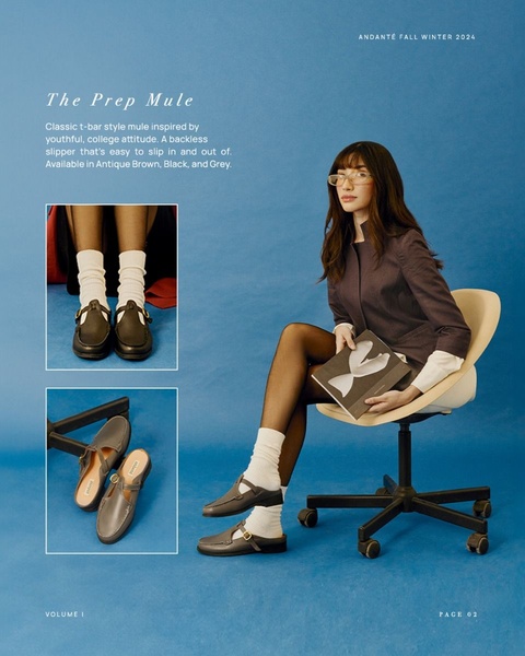 A high-fashion, editorial-style creative featuring a T-Bar Mule worn with hosiery against a bold, minimalist studio background.