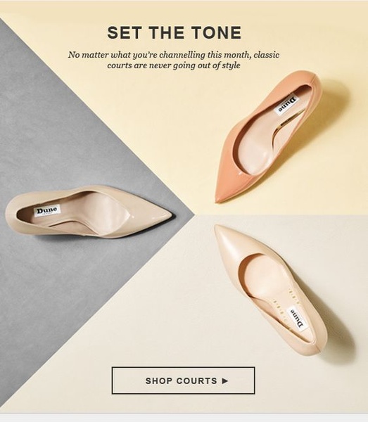 A clean, high-angle product photograph of three classic court shoes displayed on a split-tone geometric background with a minimalist call to action.