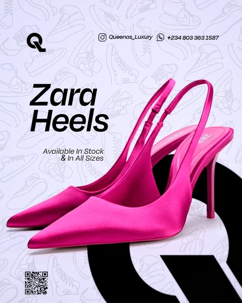 This creative uses a clean, high-contrast pink-on-white aesthetic to center the Zara Heels as the primary object of desire.