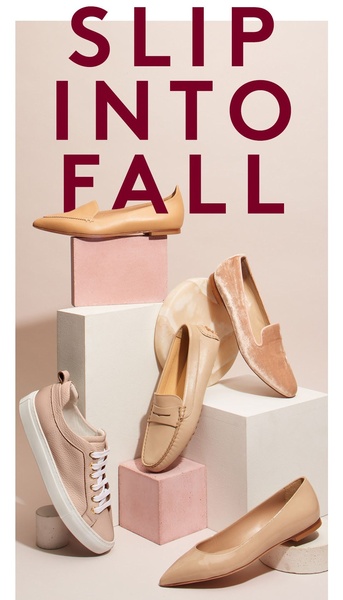 A sophisticated, stacked display of women's loafers and flats presented against a minimalist, color-coordinated studio background.
