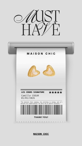 A minimalist, receipt-inspired graphic featuring gold heart earrings with a five-star review embedded as a transaction detail.