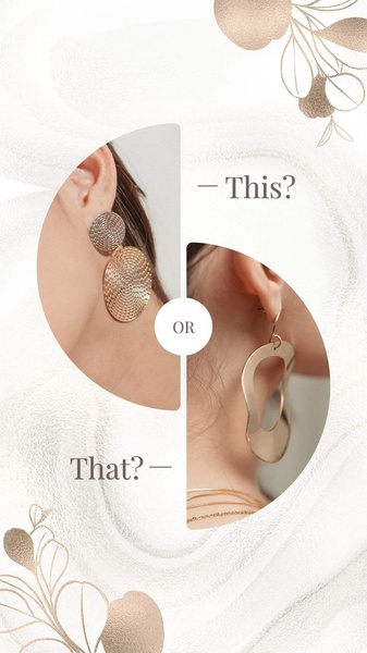 A split-screen earring advertisement featuring two different gold metal styles to prompt viewer engagement via a This or That choice.