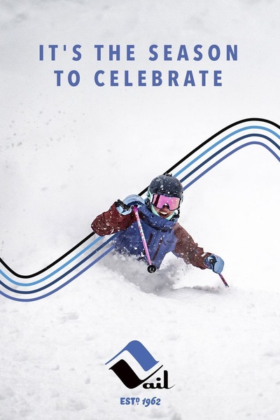 A high-action, winter-themed creative featuring a skier in mid-motion on a snowy mountain, emphasizing seasonal brand celebration.