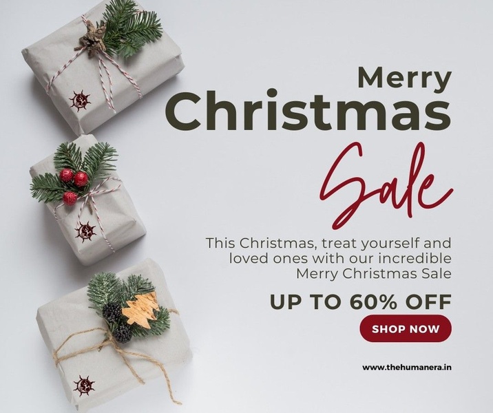 A clean, minimalist 5:4 creative featuring three gift boxes with festive accents, clearly communicating a 60% off holiday sale.