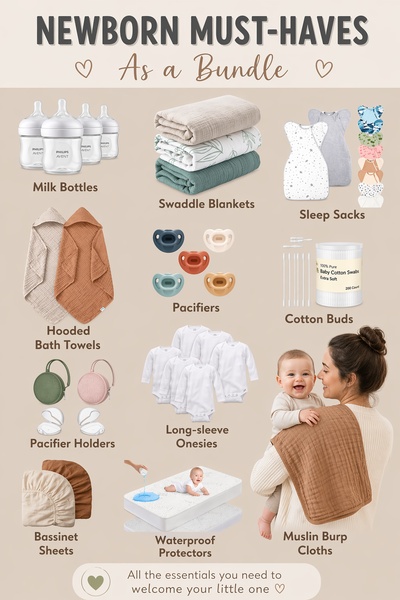 A clean, grid-style flat-lay ad featuring a bundle of essential baby items, from milk bottles to sleep sacks, presented in a calming, organized aesthetic.