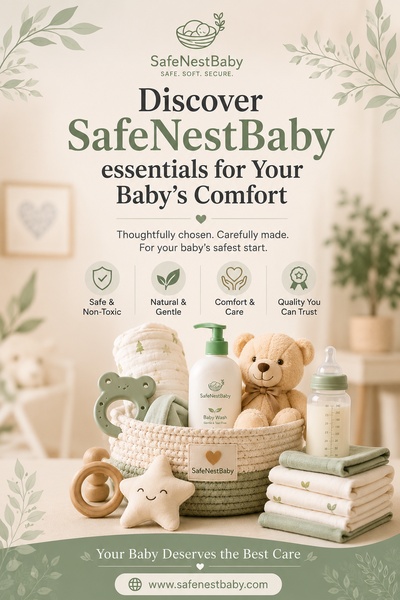 A high-quality product flat-lay featuring a collection of baby care items arranged in a basket, utilizing soft tones and clear value-proposition icons.