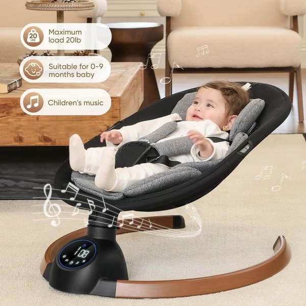A clean, lifestyle-oriented ad for a baby swing that highlights weight limits, age suitability, and entertainment features through clear iconography and soft, warm tones.