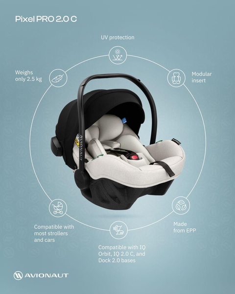 A clean, studio-lit infographic highlighting core safety and utility features of a premium child car seat against a soft blue background.