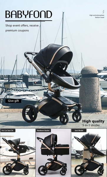 A vertical ad creative displaying a 3-in-1 stroller in three configurations—car seat, newborn basket, and seat model—against a harbor background.