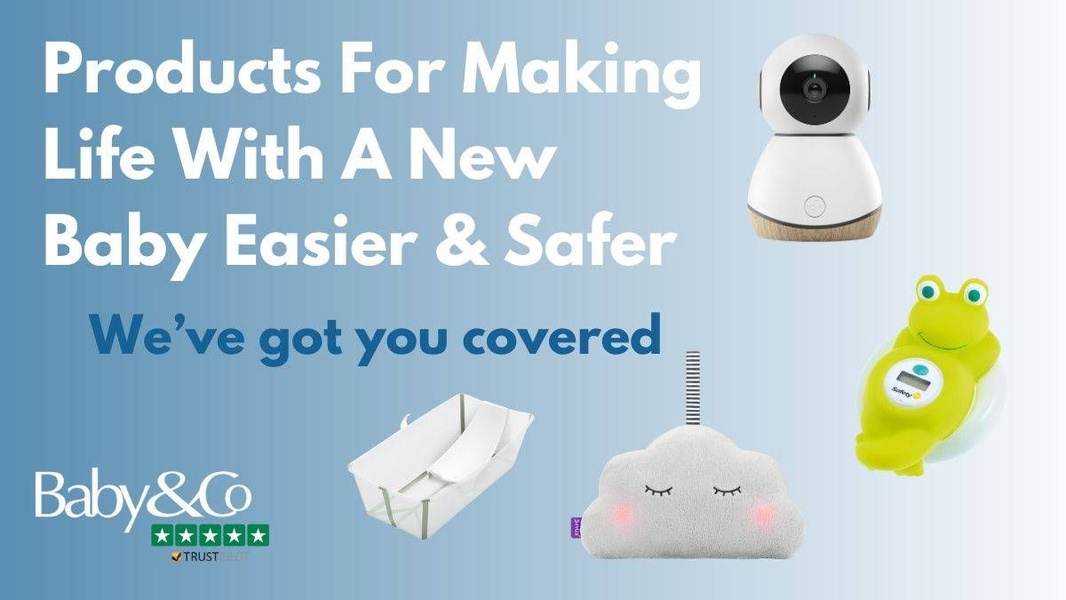 A 16:9 lifestyle ad creative featuring a baby monitor, a foldable bathtub, and a cloud light, all organized against a clean blue-to-white gradient background.
