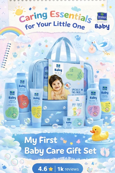 A clean, pastel-themed promotional creative showcasing a full baby care gift set with social proof indicators to build brand trust.
