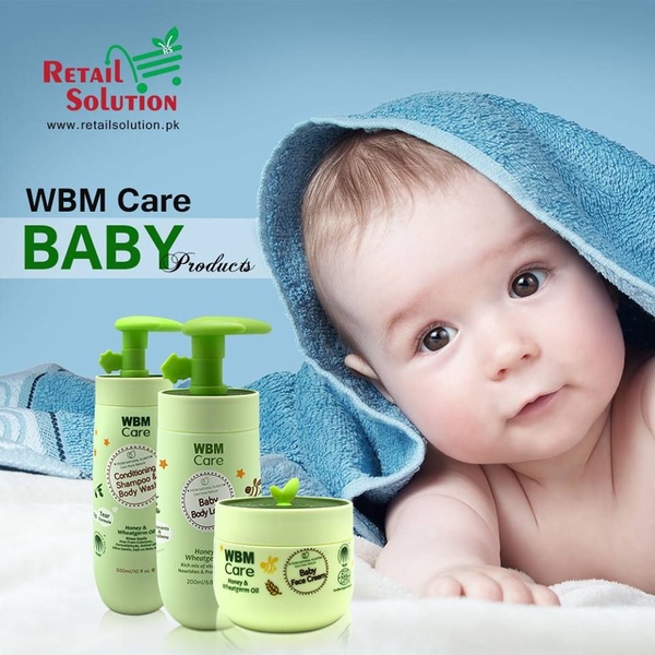 A clean, minimalist 1:1 ratio advertisement showcasing a baby body lotion and shampoo set with a calm, trust-inspiring aesthetic.