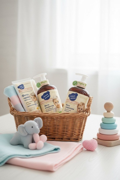 A soft-focus product photography shot of a baby skincare set arranged in a wicker basket with toys on a white wooden surface.