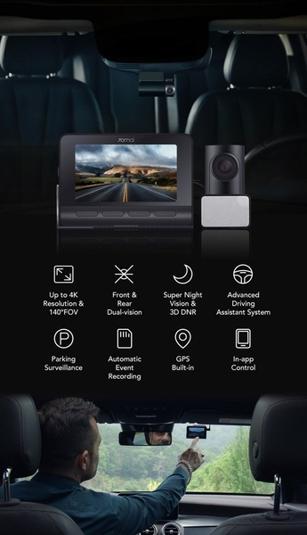 This creative uses a split-pane layout to show a dashboard display alongside a clear, icon-based breakdown of eight key technical features for a car camera system.