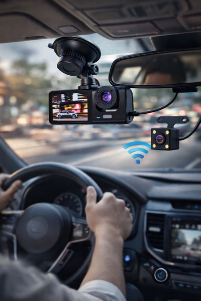 A first-person perspective showing a dash cam mounted on a windshield with a secondary camera link displayed, emphasizing connectivity and ease of use.