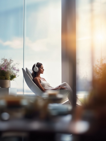 A high-end lifestyle shot featuring a woman relaxing in a modern chair while wearing wireless headphones in a bright, sunlit room.