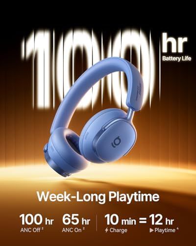 A high-contrast, professional product shot of blue headphones centered against a glowing, motion-blurred 100-hour battery claim to emphasize longevity.