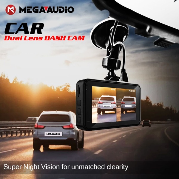 This ad creative uses a clear split-screen layout to demonstrate the difference between day and night recording quality on a dual lens dashboard camera.