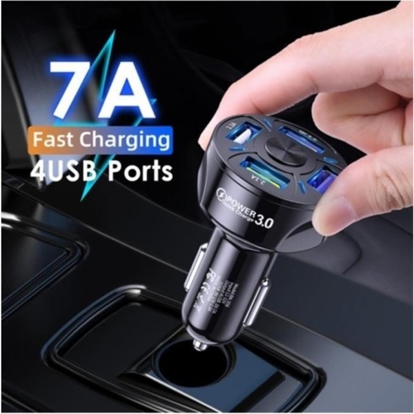 A clean, feature-focused ad displaying a 4-port car charger being held to highlight its fast charging capability and port capacity.