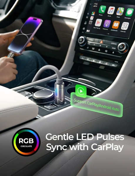 This creative showcases a car charger cable in a high-end vehicle environment, highlighting its compatibility and ambient lighting features.