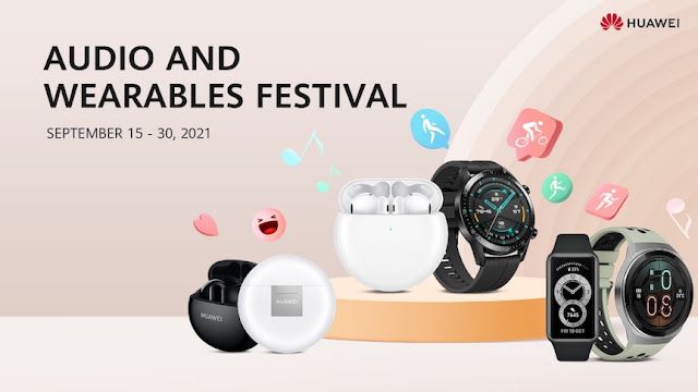 A promotional banner for a consumer electronics sale, featuring various earbuds and smartwatches neatly arranged on a clean, light-colored podium.