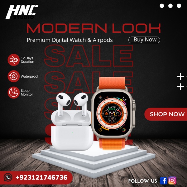 A clean, high-contrast, sale-oriented ad design featuring a digital watch and wireless airpods on a white display, using a bold red and black color palette.