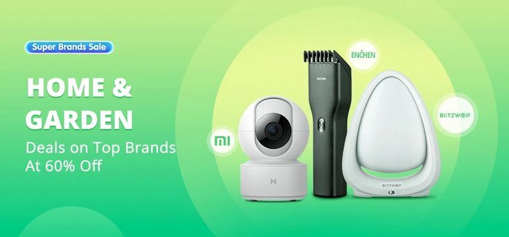 A clean, horizontal ad creative showcasing a smart camera, electric shaver, and lamp with a 60% off discount call-out.