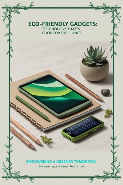 A clean, lifestyle-focused hero shot featuring a tablet, a solar charger, and stationery on a light wooden background to emphasize sustainability.
