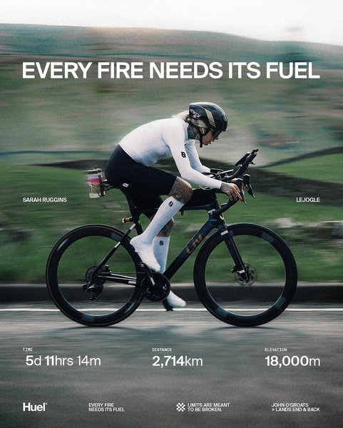 A high-contrast, professional cycling shot featuring a rider in motion with overlaid performance statistics like time, distance, and elevation to establish brand credibility.