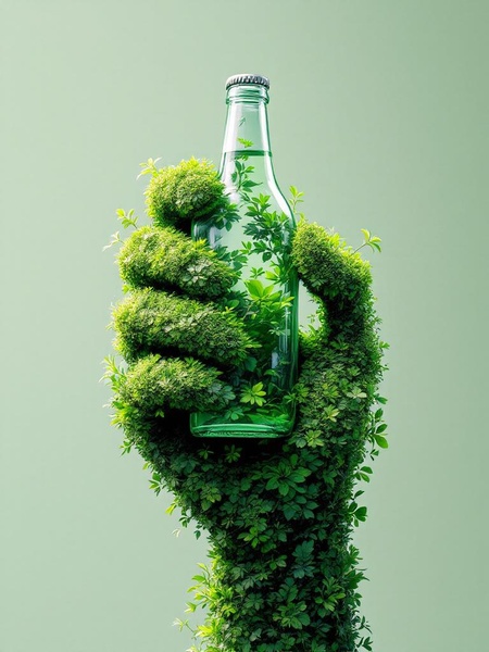 A glass bottle held by a hand formed entirely from lush foliage and moss, emphasizing a natural and organic brand identity.