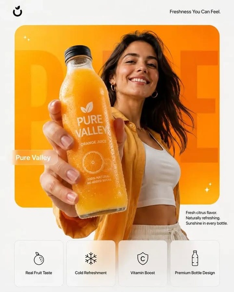 A high-quality product shot featuring a woman holding a chilled bottle of orange juice, emphasizing freshness and natural ingredients.