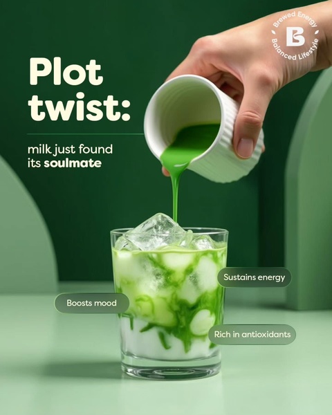 A minimalist, high-contrast shot of green matcha being poured into a milk-filled glass, highlighting product benefits with on-screen annotations.