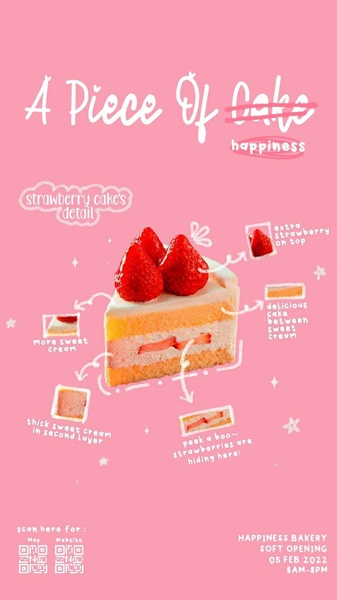 An exploded-view infographic of a strawberry cake slice that uses pointer lines to highlight specific ingredient layers and toppings.