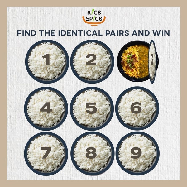 A static 1:1 image featuring a grid of rice bowls with one distinct bowl, challenging users to find identical pairs to win.