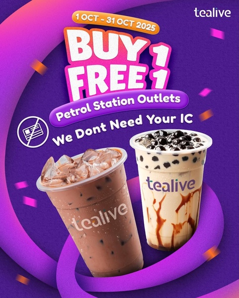 A promotional graphic for a bubble tea store featuring a Buy 1 Free 1 offer, emphasizing that no identity card is required for redemption.