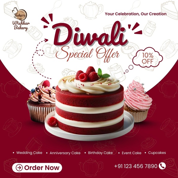 A festive promotional square ad featuring a red velvet cake, cupcakes, and a clear 10% discount offer for Diwali.