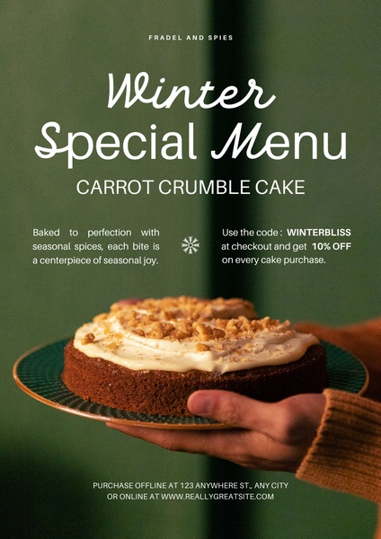 A seasonal promotion for a carrot crumble cake featuring a 10% discount code, set against a dark green backdrop.