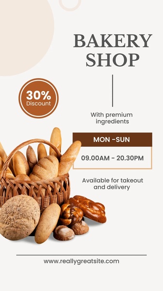 A clean, minimalist 9:16 vertical ad creative highlighting a 30% discount for a bakery shop, including store hours and fulfillment options.