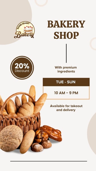 A high-conversion 9:16 vertical ad featuring fresh bread in a rustic basket, clear operating hours, and a bold 20% discount badge.