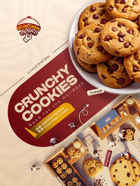 A split-view creative showing the baking process on one side and a premium hero shot of finished cookies on the other.
