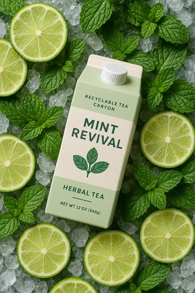 A crisp, high-contrast flat lay of a Mint Revival herbal tea carton surrounded by ice, fresh mint leaves, and lime slices to emphasize freshness.
