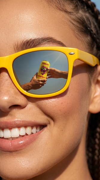A close-up shot of a person wearing yellow sunglasses, where the reflection in the lens shows a hand-off of a branded energy drink can.