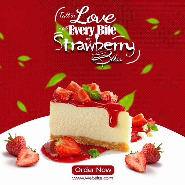 A high-quality hero shot of a slice of strawberry cheesecake featuring rich red color tones and floating garnish elements.
