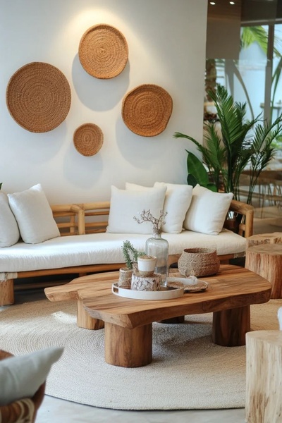 A high-end lifestyle shot of a natural wood rattan coffee table, emphasizing a clean, organic, and calm interior design aesthetic.
