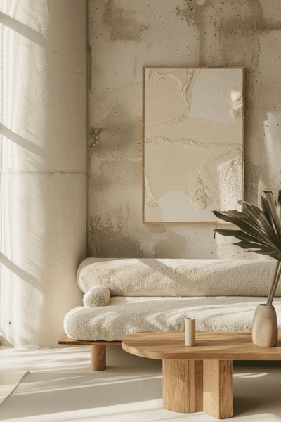 A high-end, editorial-style creative featuring a textured wall art piece above a plush, neutral-toned sofa in a sun-drenched minimalist living space.