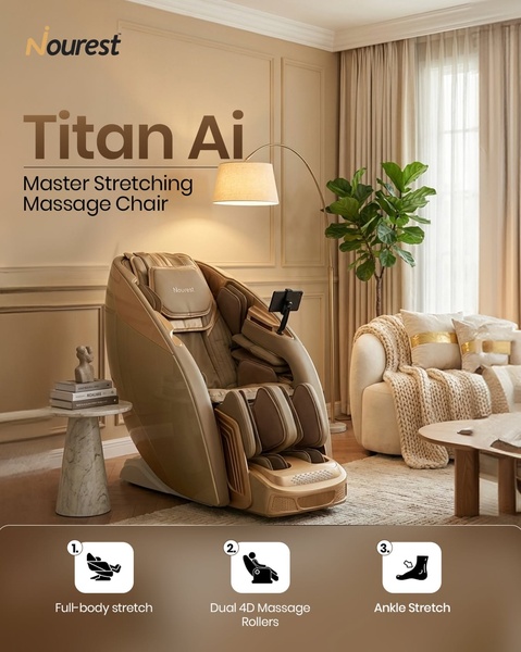 A high-end, feature-focused ad creative for a massage chair that uses a clean lifestyle aesthetic to highlight three key mechanical benefits.